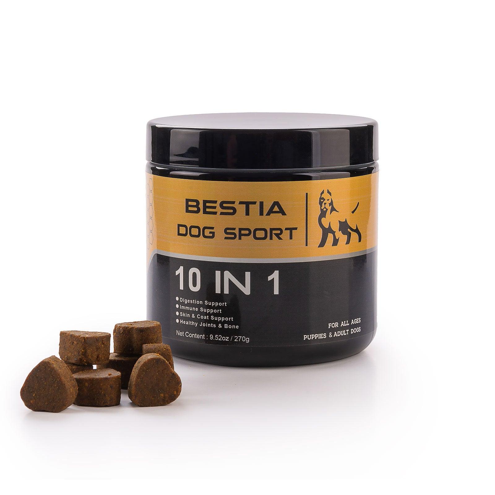 Ein schwarz-goldener BESTIA-Behälter „BDS 10-in-1 Multivitamin – Bestia Dog Sport“ mit mehreren braunen Kautabletten auf weißem Hintergrund, die das Immunsystem und die Verdauungsgesundheit von Hunden unterstützen sollen.