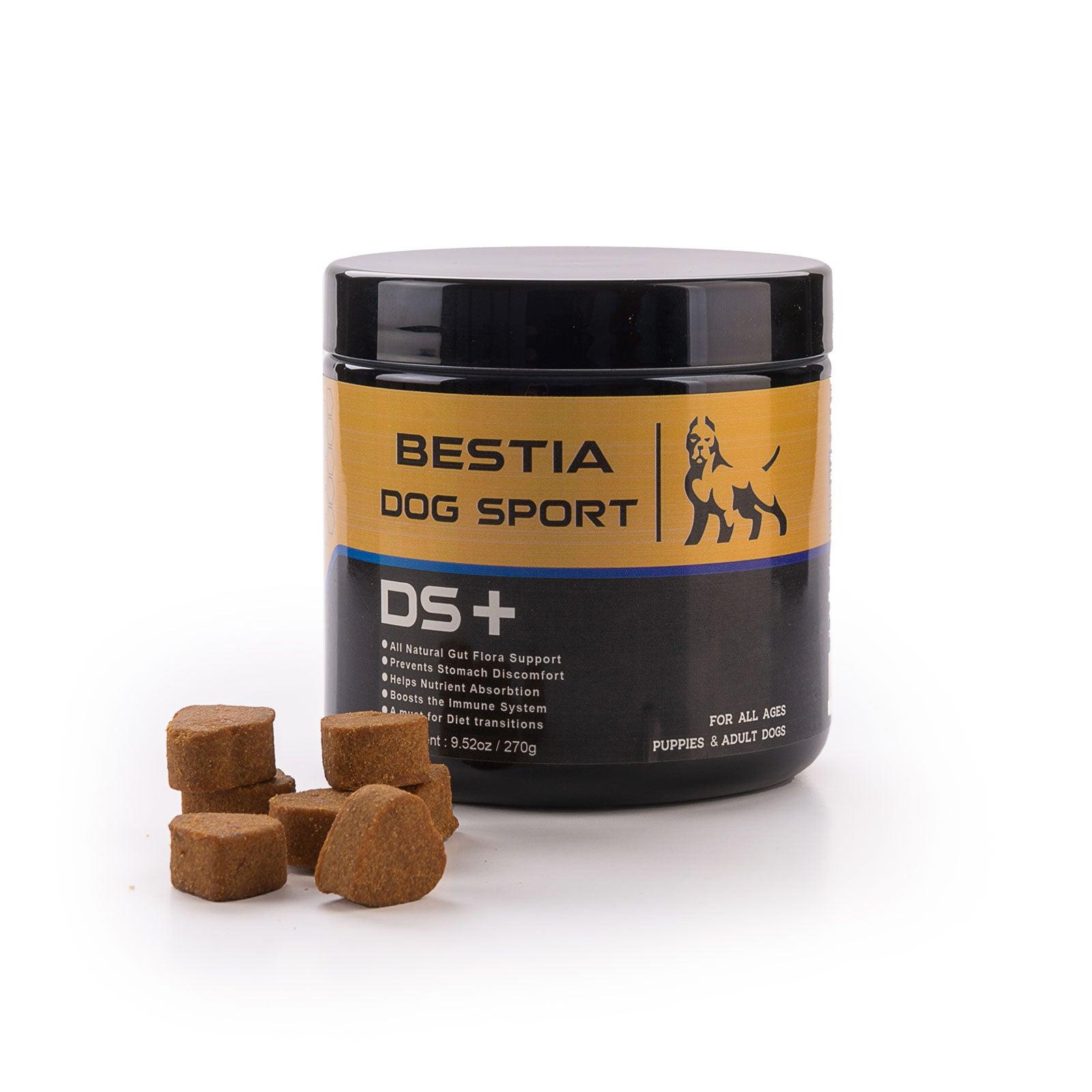 Ein Behälter mit der Aufschrift „BESTIA BDS DS+ – Probiotische Soft-Chews für die Verdauungsgesundheit“ und daneben mehrere braune Kaubonbons. Dieses 270g Produkt mit Probiotika unterstützt die Verdauungsgesundheit von Welpen und erwachsenen Hunden.