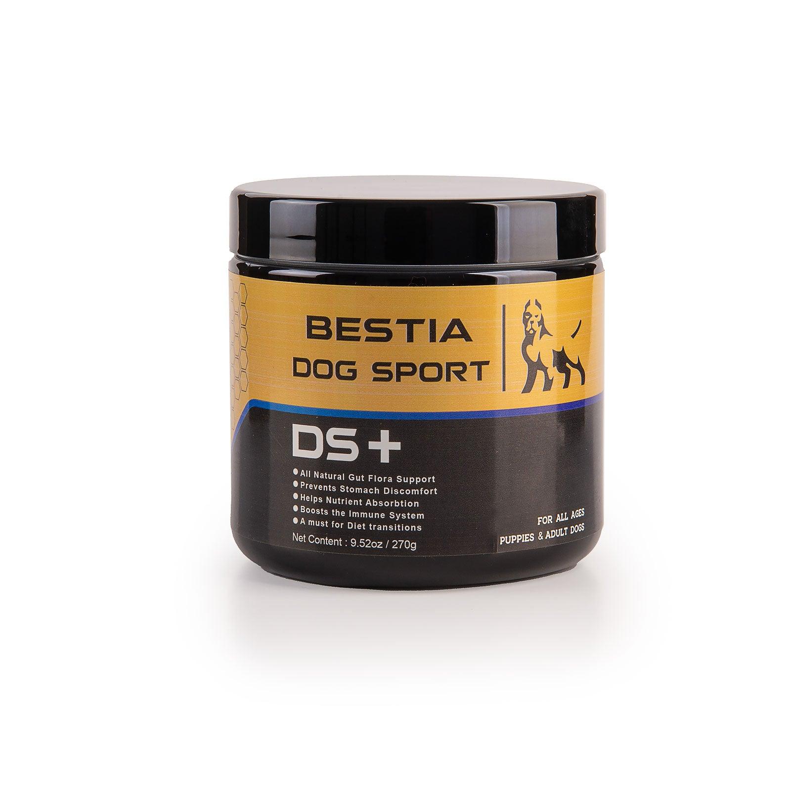 Ein schwarzer Behälter mit der Aufschrift „BESTIA BDS DS+ – Probiotische Soft-Chews für die Verdauungsgesundheit“ weist ein gold-schwarzes Branding auf und unterstützt die Verdauung mit zusätzlichen Enzymen und Probiotika für Welpen und erwachsene Hunde.