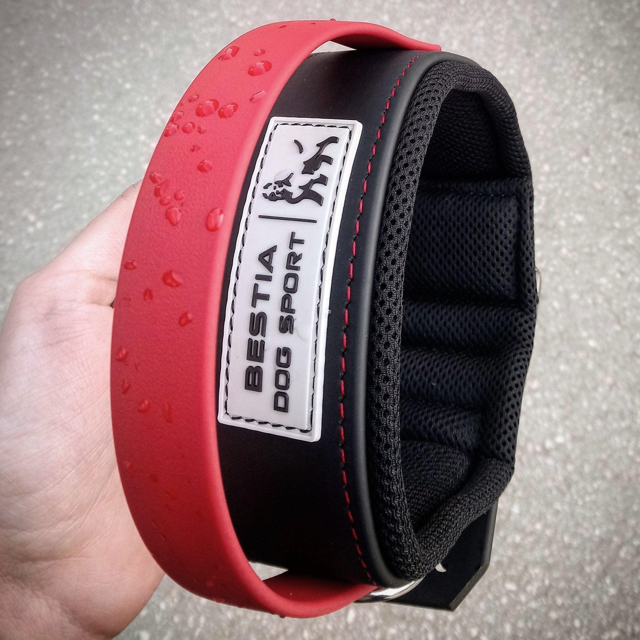 Eine Hand hält das BESTIA DOG SPORT – Handle Halsband mit rotem Griff, ein schwarz-rotes gepolstertes Halsband mit Edelstahlbeschlägen und einem stabilen Kontrollgriff – ideal für große Hunde. Wassertropfen sind auf dem roten Griff sichtbar.