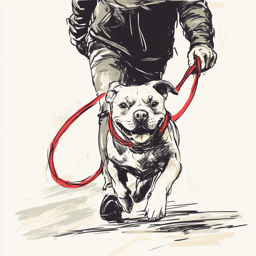 Abbildung einer Person, die mit einem glücklichen Hund in Bewegung auf der roten BESTIA DOG SPORT – Multifunktions-Schleppleine 5m mit Aluminium-Karabiner spazieren geht, wobei der Hund prominent im Vordergrund steht.