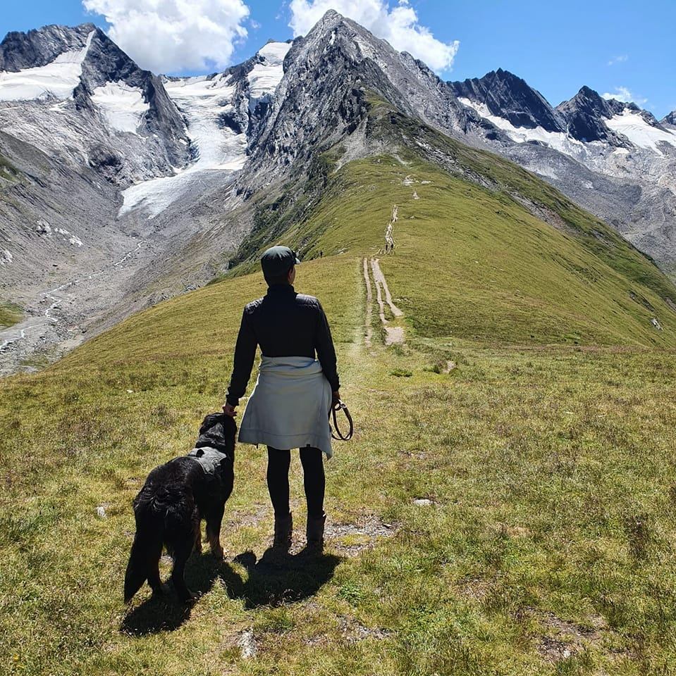 Eine Person steht mit einem Hund auf einem grasbewachsenen Bergpfad und blickt auf schneebedeckte Gipfel unter einem blauen Himmel mit vereinzelten Wolken.