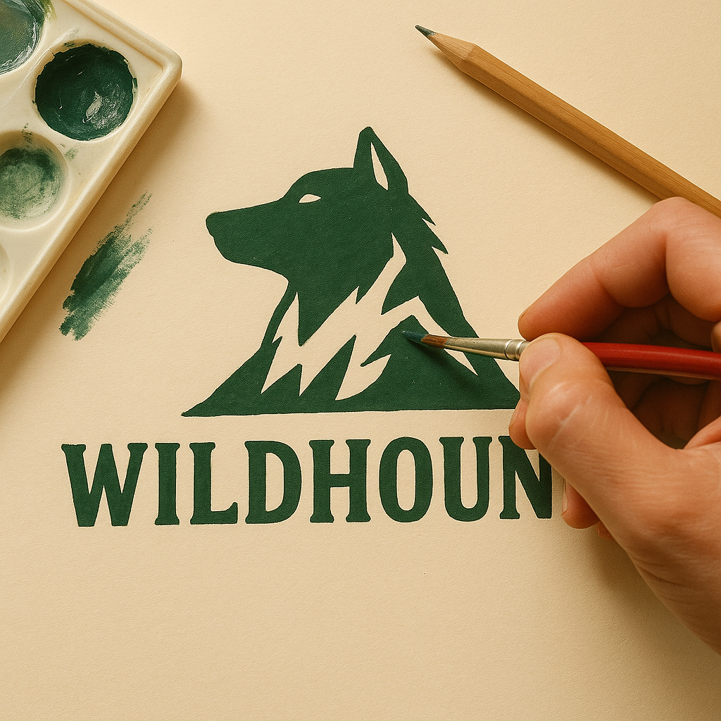 Eine Hand malt ein grünes Logo mit einem Wolfskopf über dem Wort „WILDHOUND“ auf Papier, daneben liegen eine Farbpalette und ein Bleistift.